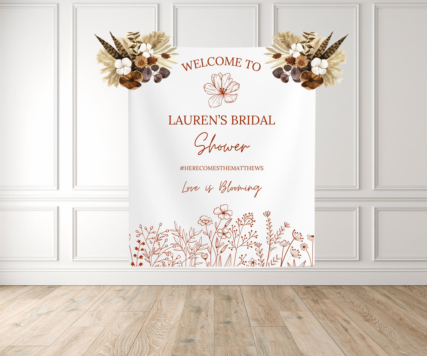 Floral Bridal Shower Banner, Custom Elegant Black and White Sign, Love is Blooming Decor, Personalized Bridal Party Welcome Backdrop