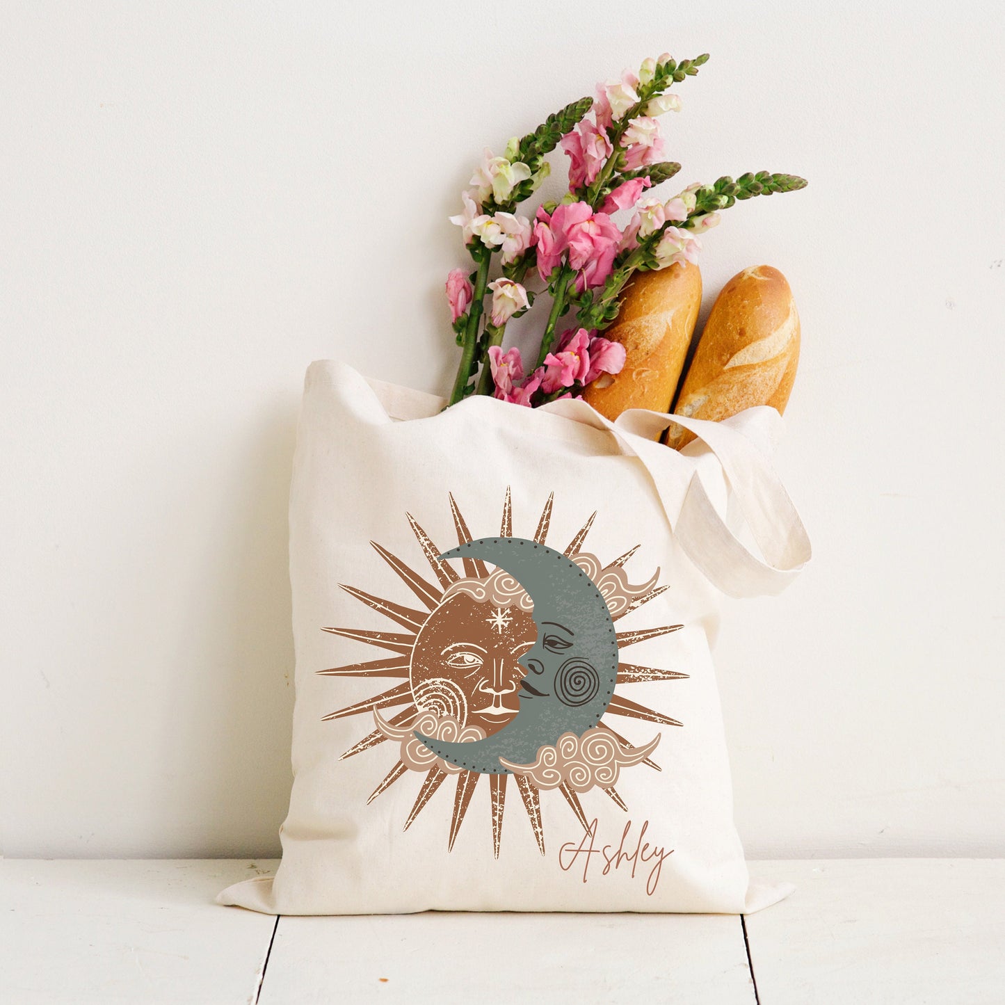 Personalized Sun Moon Canvas Tote Bag, Custom Birthday gift for her, Bridesmaid gift, Mother's Day, Celestial Tote, School Book Library Bag