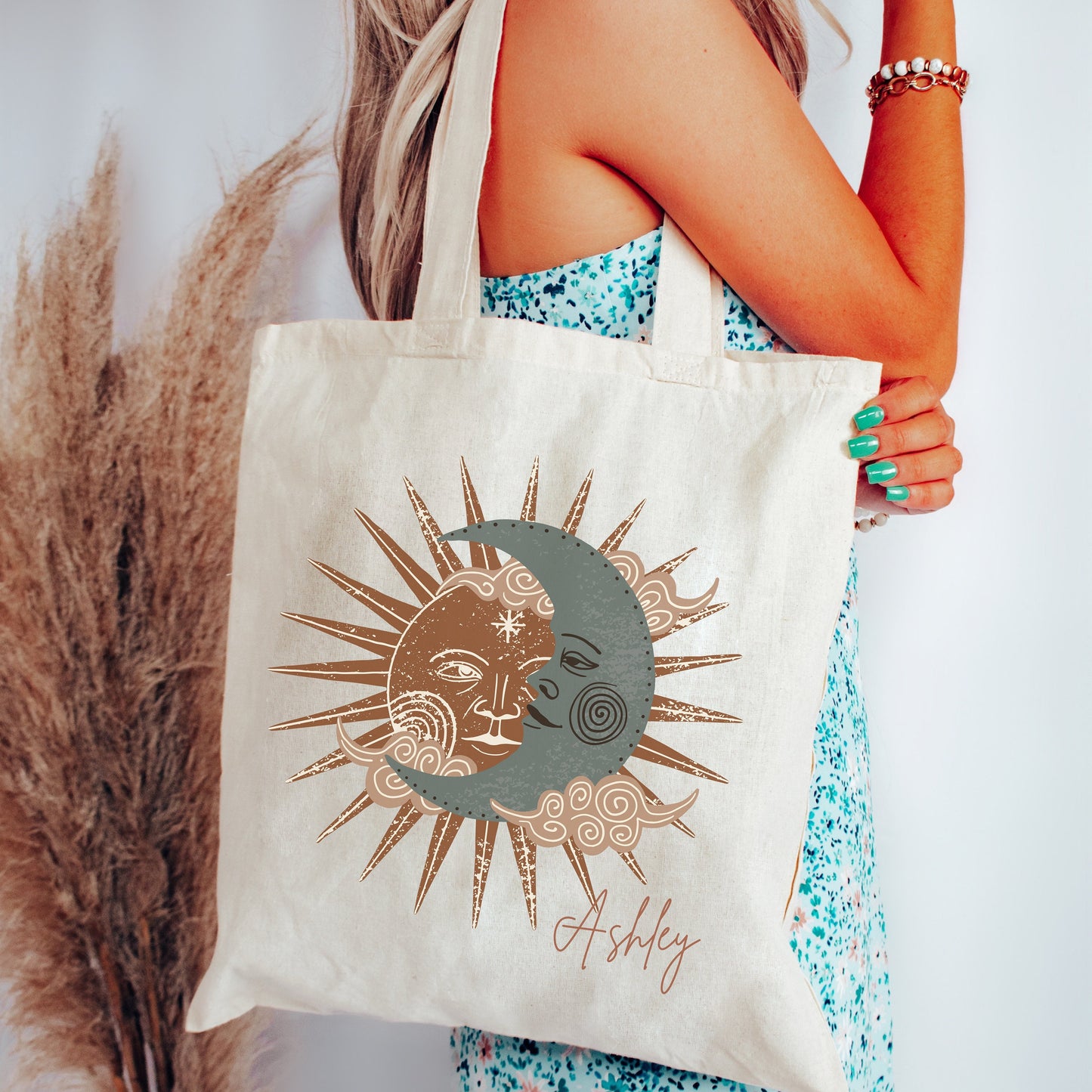 Personalized Sun Moon Canvas Tote Bag, Custom Birthday gift for her, Bridesmaid gift, Mother's Day, Celestial Tote, School Book Library Bag