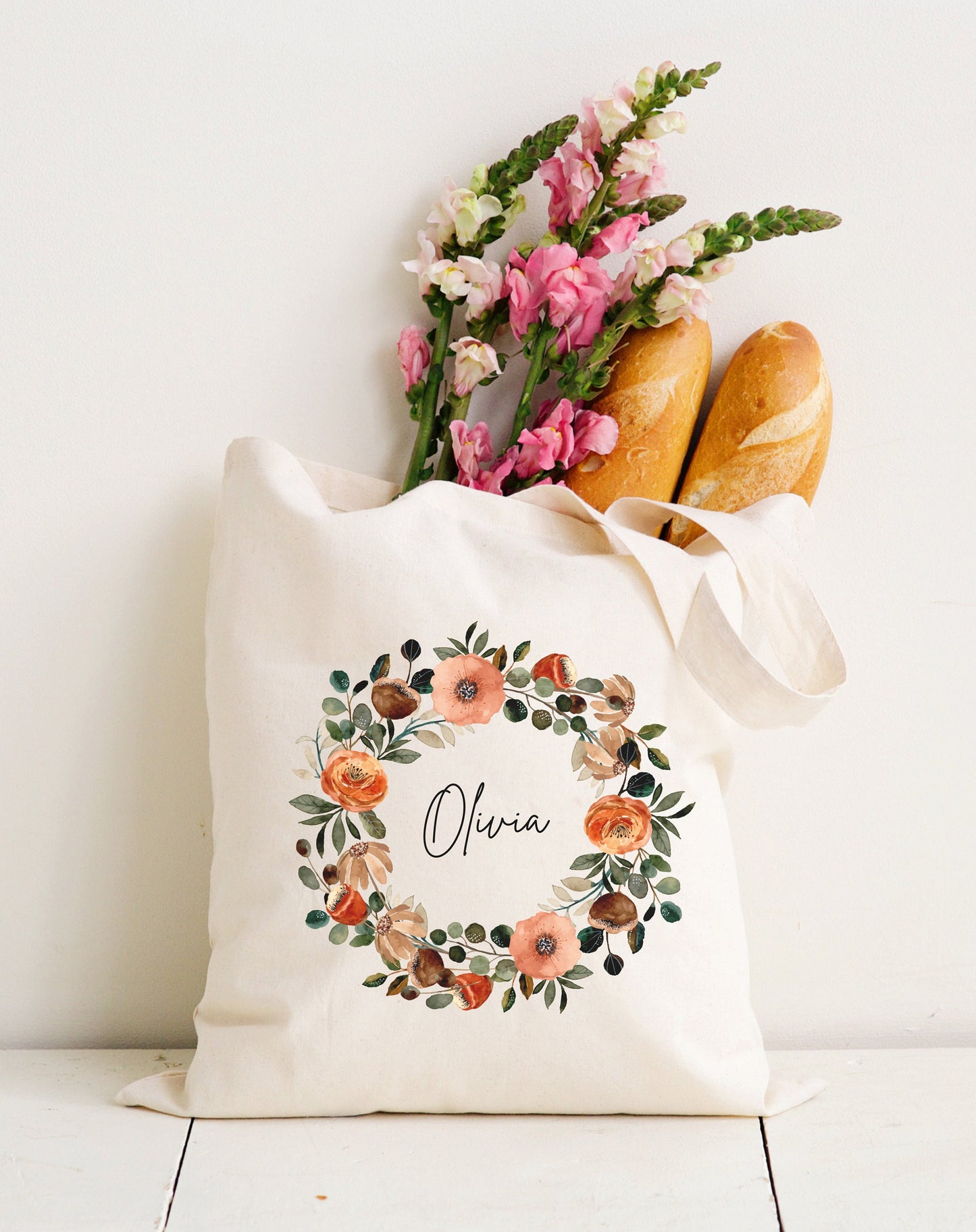 Custom Floral Canvas Tote Bag, Birthday gift for her, Bridesmaid gift, Mother's Day, Colorful Wreath Tote, Personalized tote gift bestie