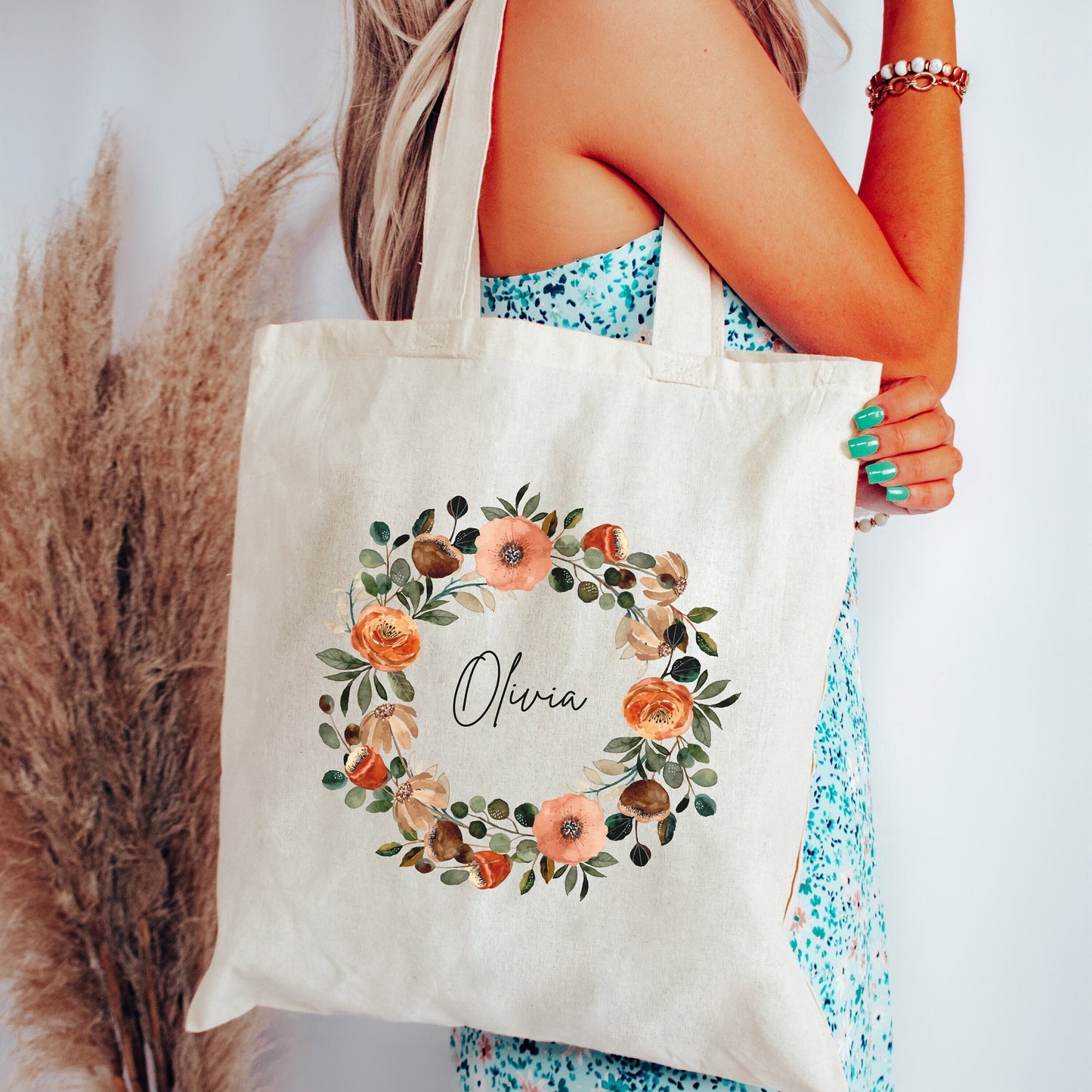 Custom Floral Canvas Tote Bag, Birthday gift for her, Bridesmaid gift, Mother's Day, Colorful Wreath Tote, Personalized tote gift bestie