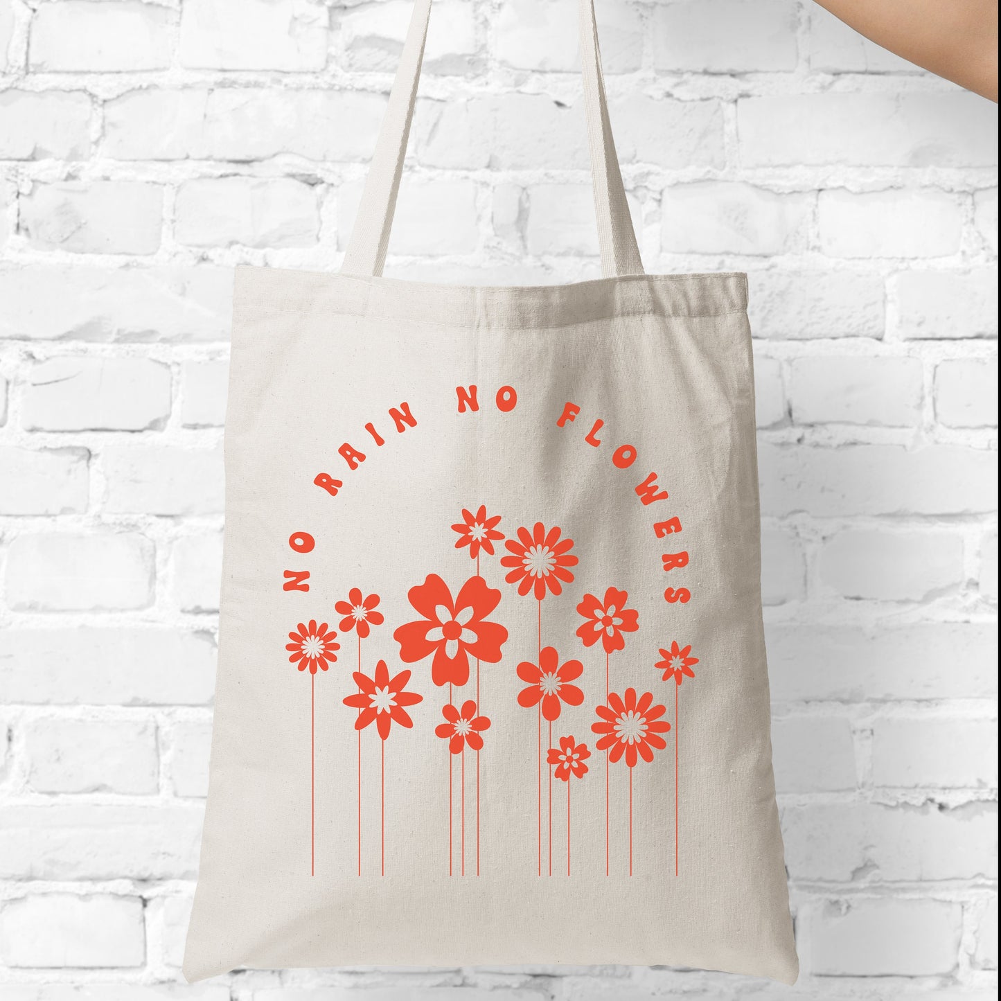 Floral Tote Bag, Library Book Bag, Gift Bag Gift for Her, No Rain No Flowers Cotton Canvas Tote