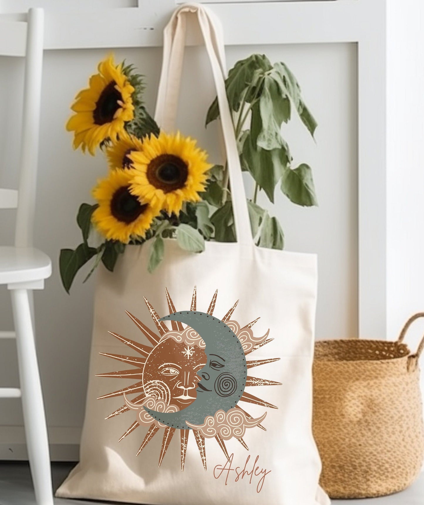 Personalized Sun Moon Canvas Tote Bag, Custom Birthday gift for her, Bridesmaid gift, Mother's Day, Celestial Tote, School Book Library Bag