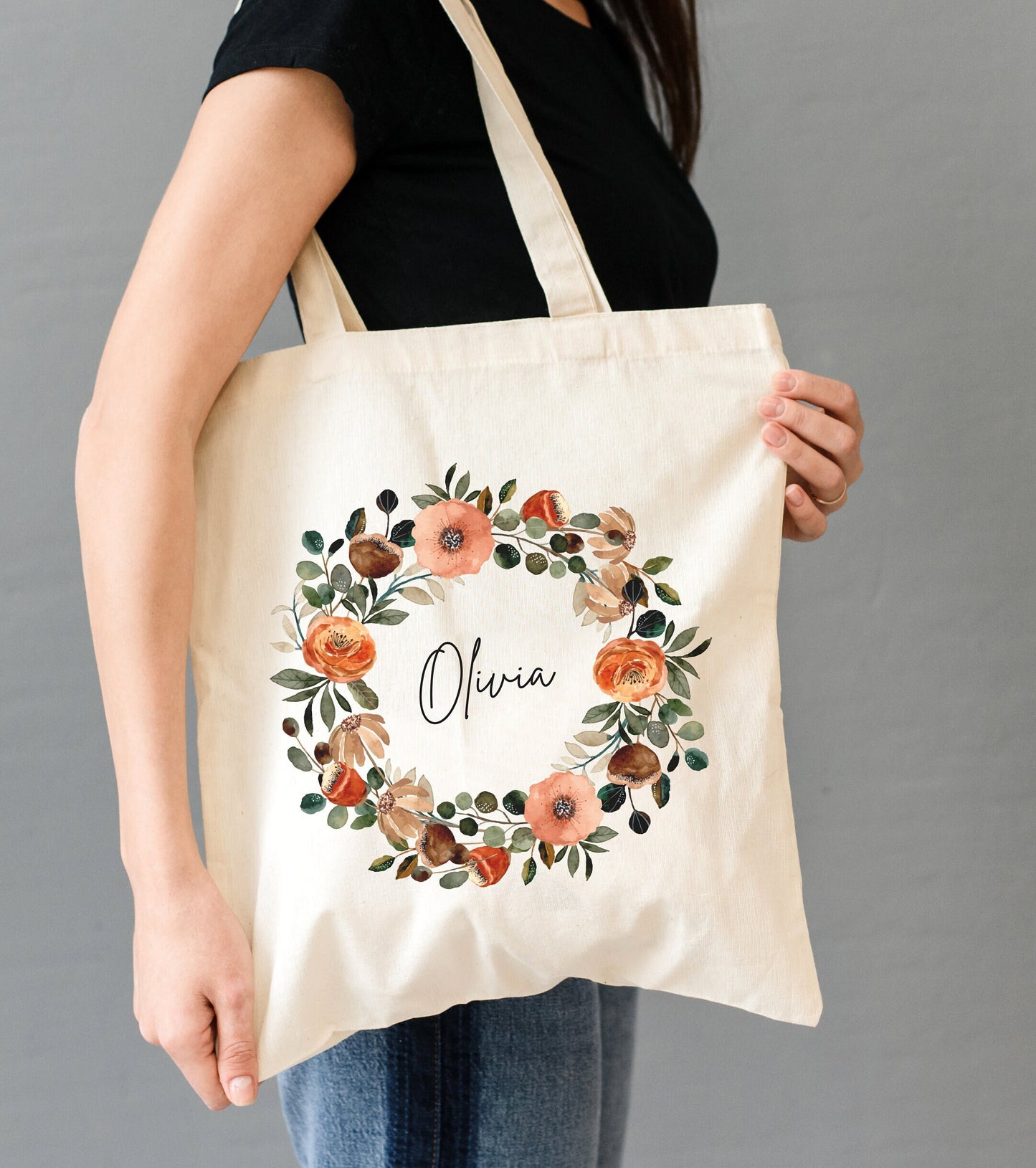 Custom Floral Canvas Tote Bag, Birthday gift for her, Bridesmaid gift, Mother's Day, Colorful Wreath Tote, Personalized tote gift bestie