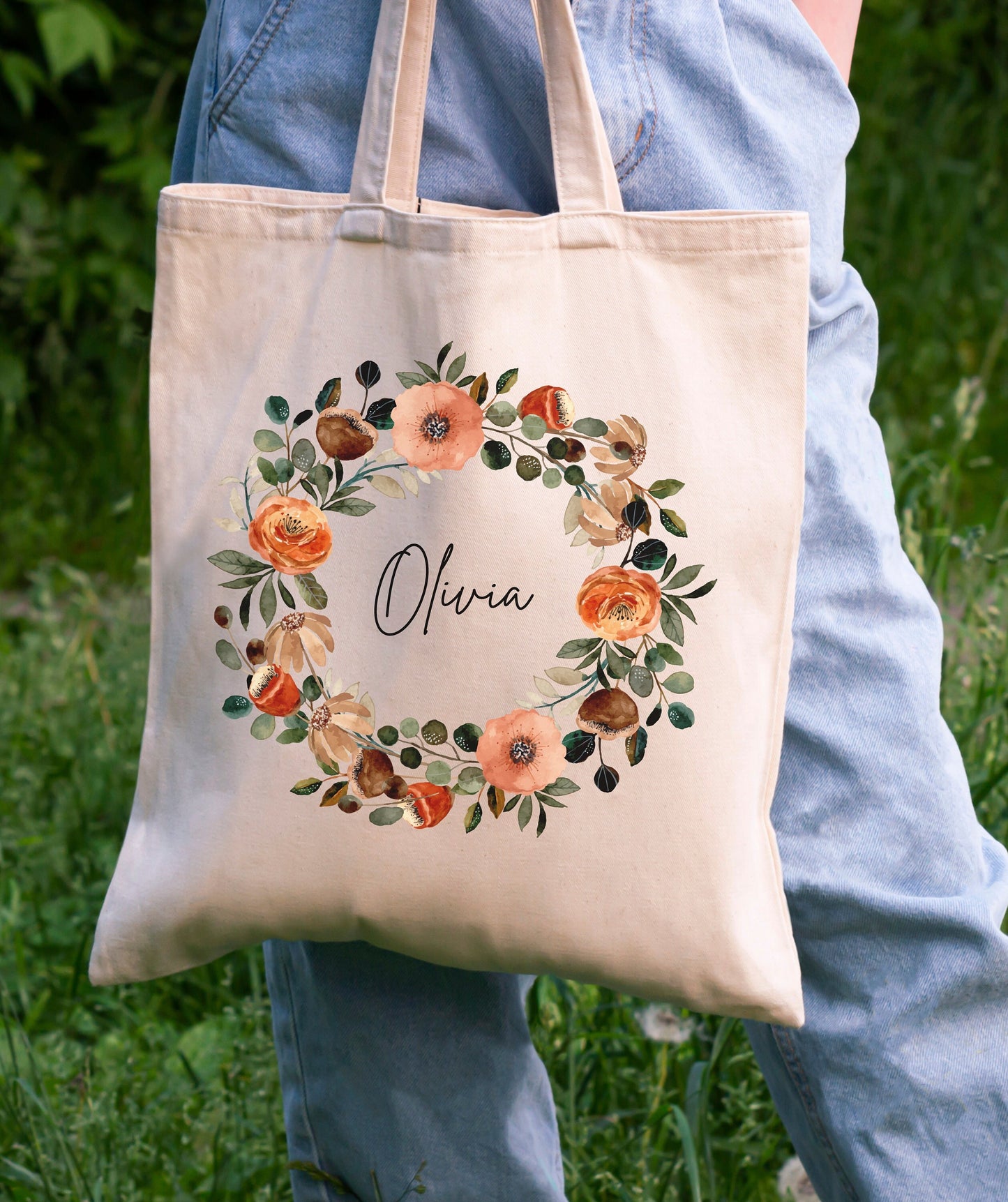 Custom Floral Canvas Tote Bag, Birthday gift for her, Bridesmaid gift, Mother's Day, Colorful Wreath Tote, Personalized tote gift bestie