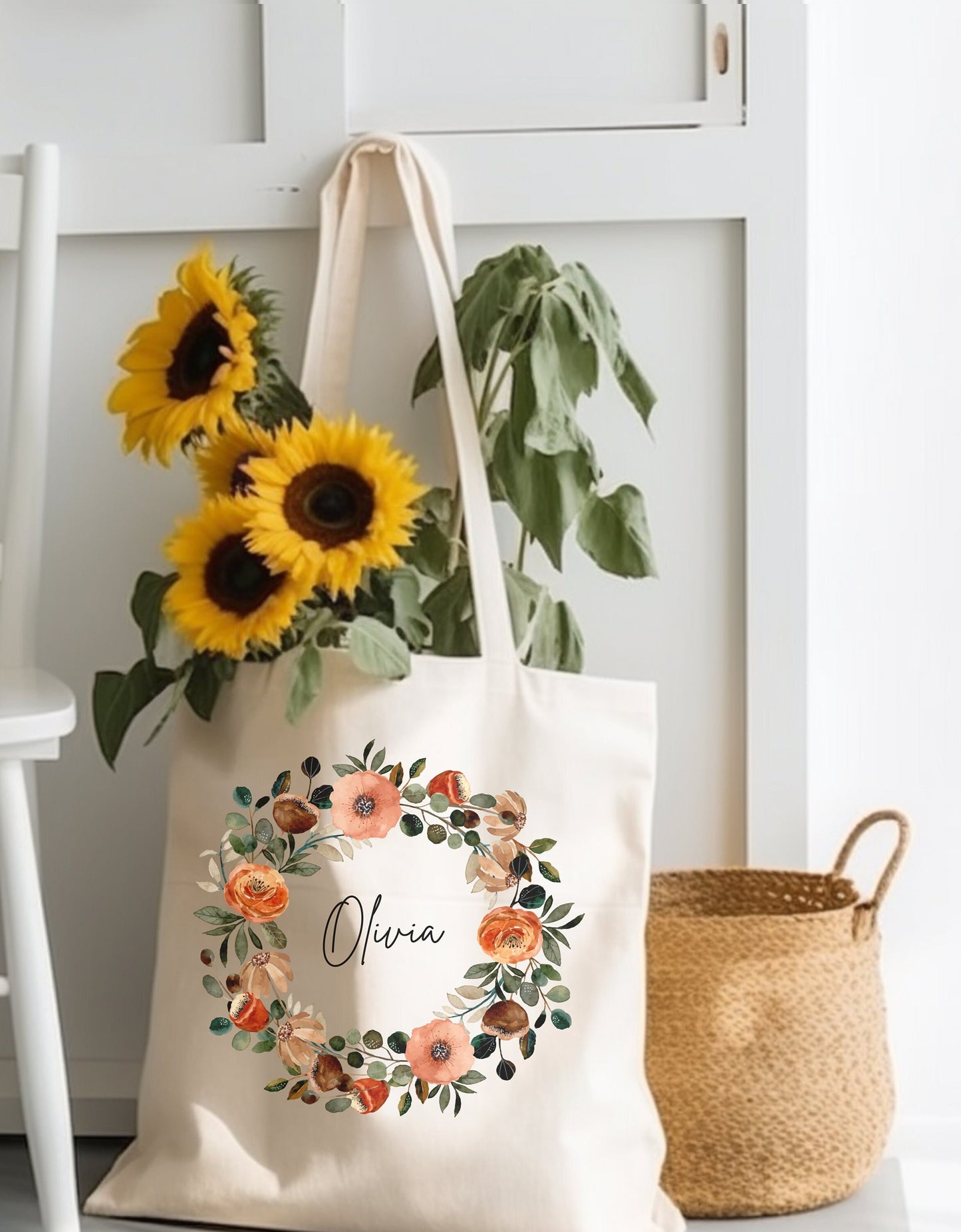 Custom Floral Canvas Tote Bag, Birthday gift for her, Bridesmaid gift, Mother's Day, Colorful Wreath Tote, Personalized tote gift bestie