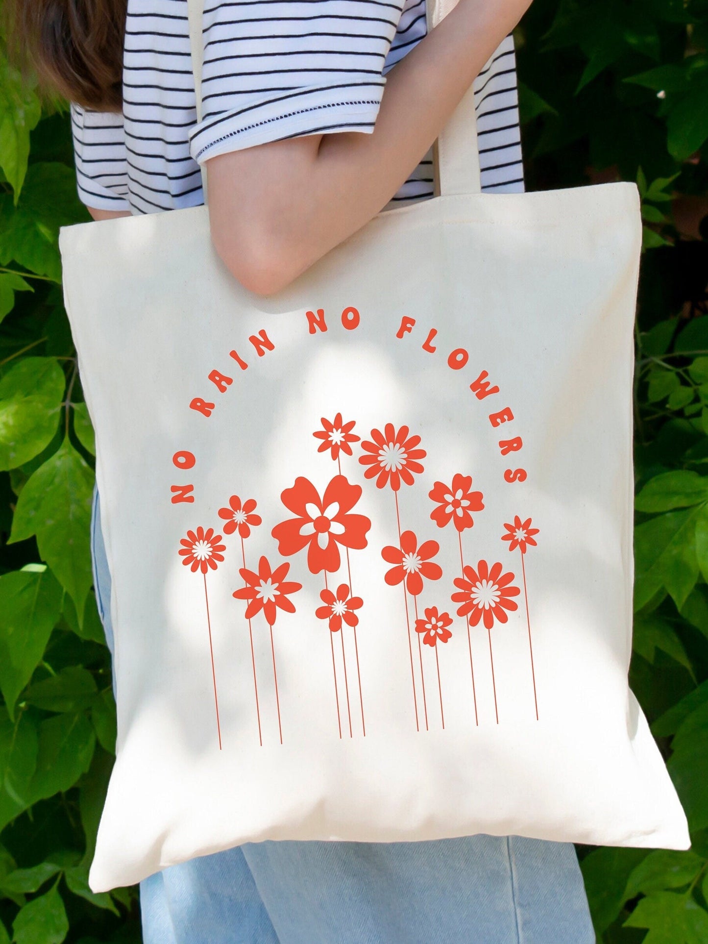 Floral Tote Bag, Library Book Bag, Gift Bag Gift for Her, No Rain No Flowers Cotton Canvas Tote
