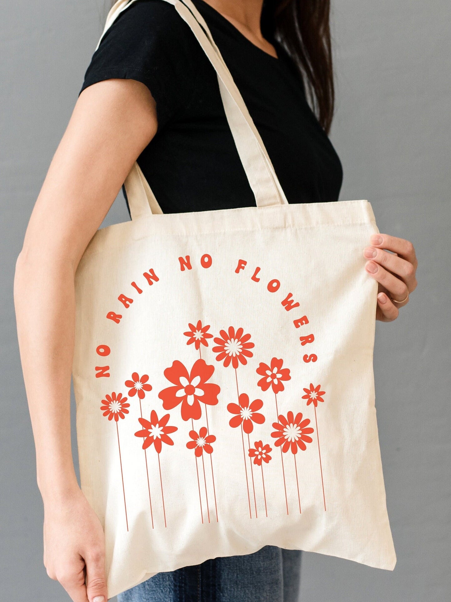 Floral Tote Bag, Library Book Bag, Gift Bag Gift for Her, No Rain No Flowers Cotton Canvas Tote