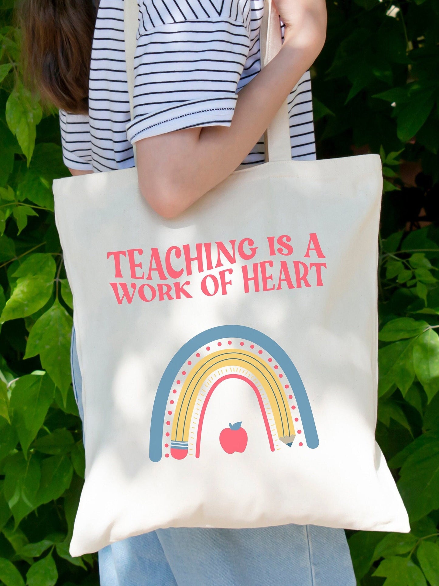 Tote Bag for Teachers Library Canvas Tote For Teacher Appreciation Teaching is a Work of The Heart Bag Eco Friendly Shopping Bag Her Gift