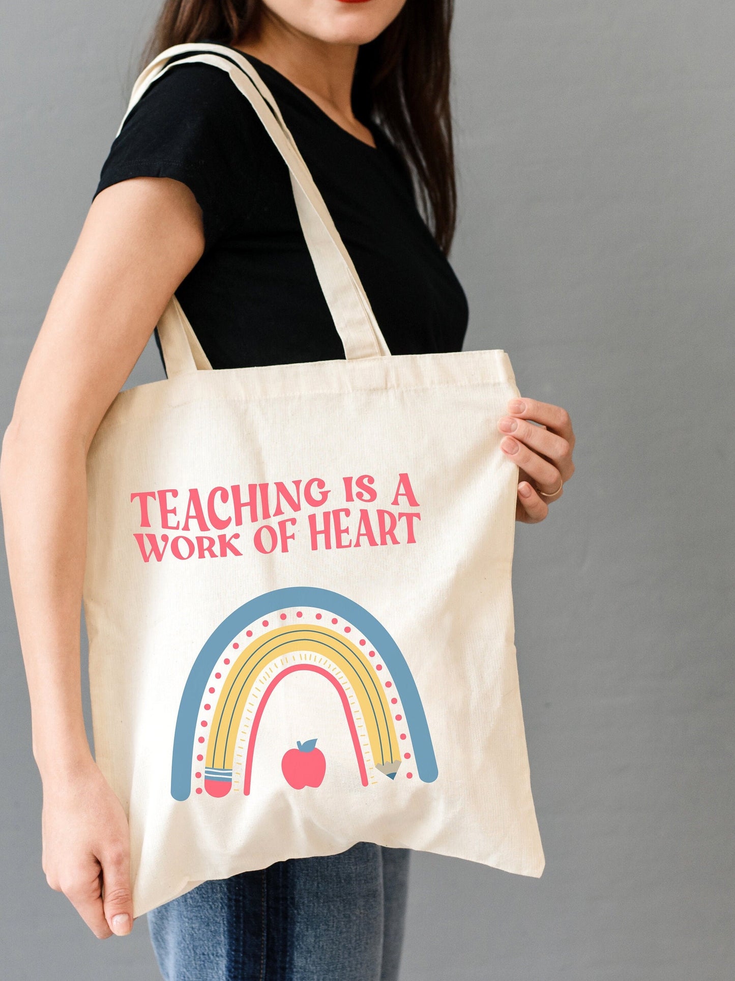 Tote Bag for Teachers Library Canvas Tote For Teacher Appreciation Teaching is a Work of The Heart Bag Eco Friendly Shopping Bag Her Gift