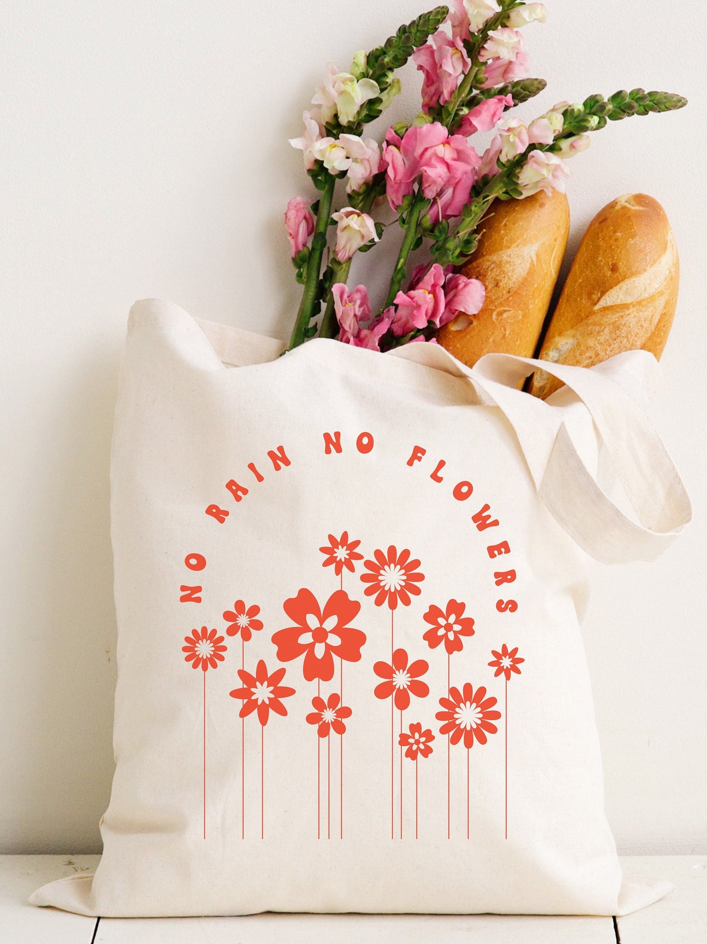 Floral Tote Bag, Library Book Bag, Gift Bag Gift for Her, No Rain No Flowers Cotton Canvas Tote