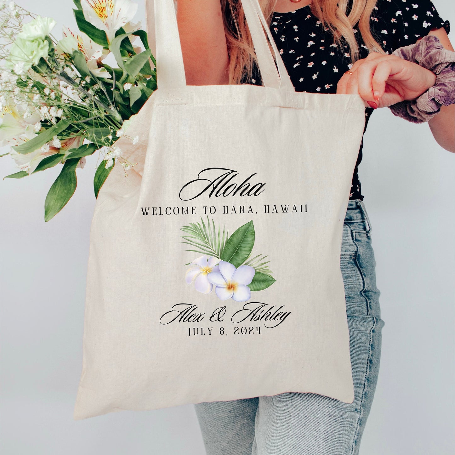 Custom Tropical Wedding Tote Bag, Destination Wedding Party Favor Bag, Welcome Gift From Bride and Groom, Personalized Canvas Hawaii Tote