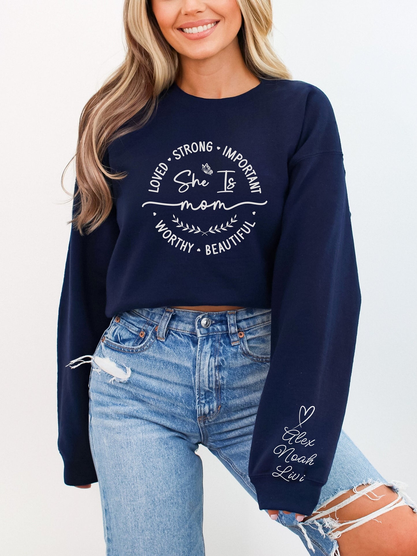 Custom Gift for Mom Sweatshirt - Personalize Kids Names On Sleeve - She is Loved Crewneck Sweatshirt - Gift for Mom - Birthday