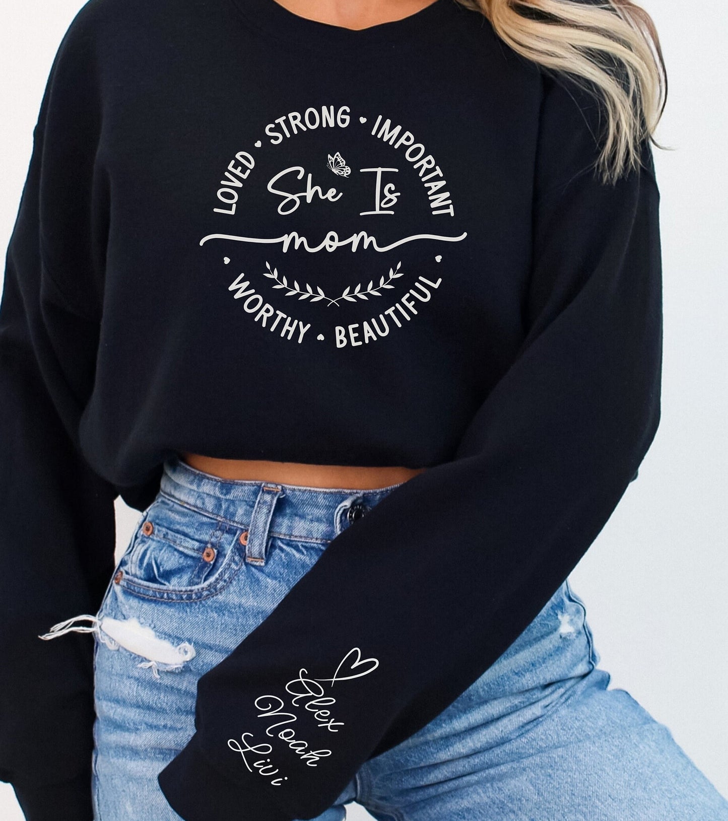 Custom Gift for Mom Sweatshirt - Personalize Kids Names On Sleeve - She is Loved Crewneck Sweatshirt - Gift for Mom - Birthday