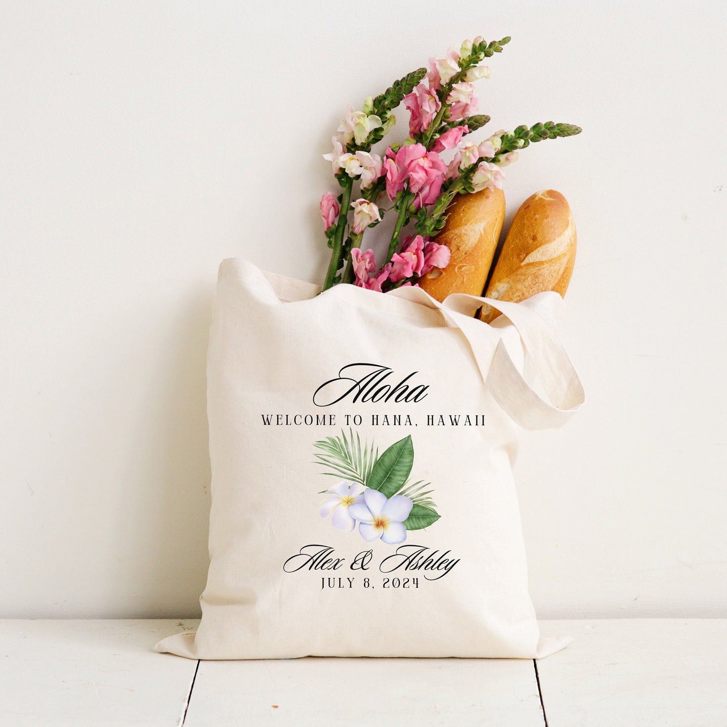 Custom Tropical Wedding Tote Bag, Destination Wedding Party Favor Bag, Welcome Gift From Bride and Groom, Personalized Canvas Hawaii Tote