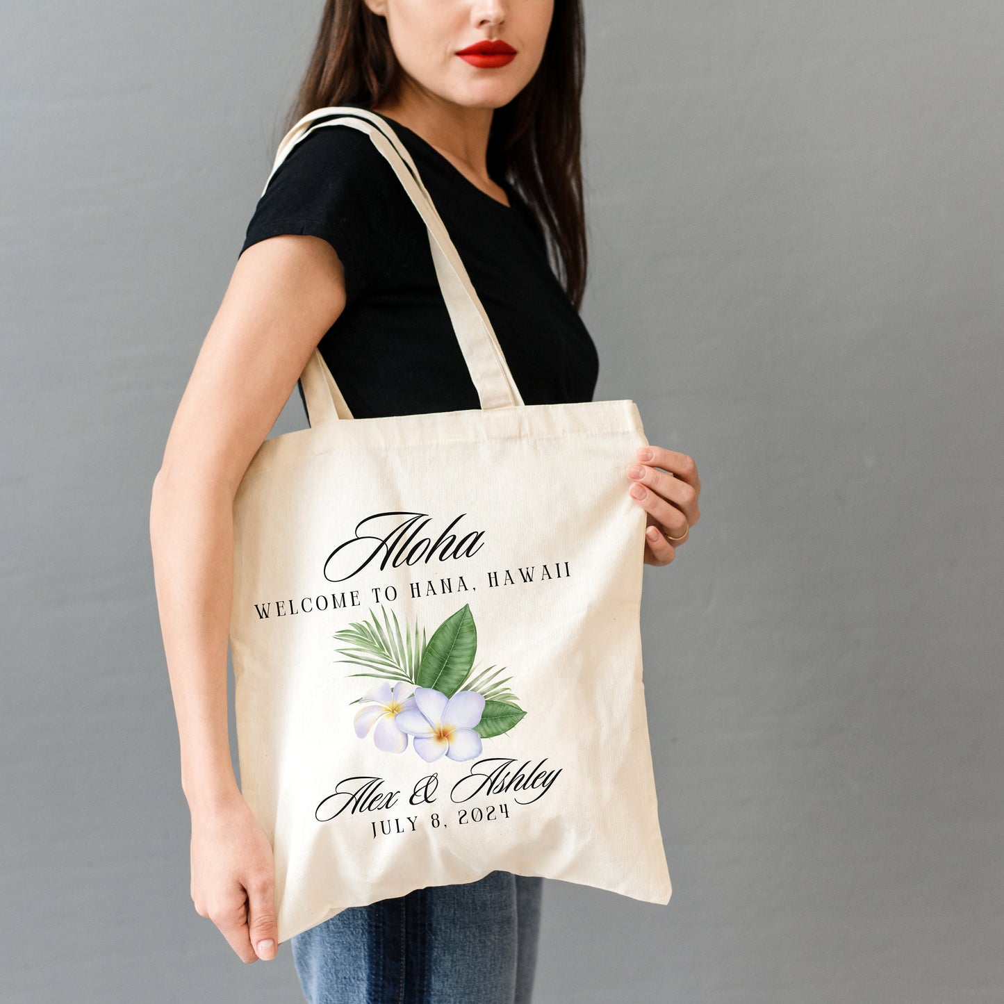 Custom Tropical Wedding Tote Bag, Destination Wedding Party Favor Bag, Welcome Gift From Bride and Groom, Personalized Canvas Hawaii Tote