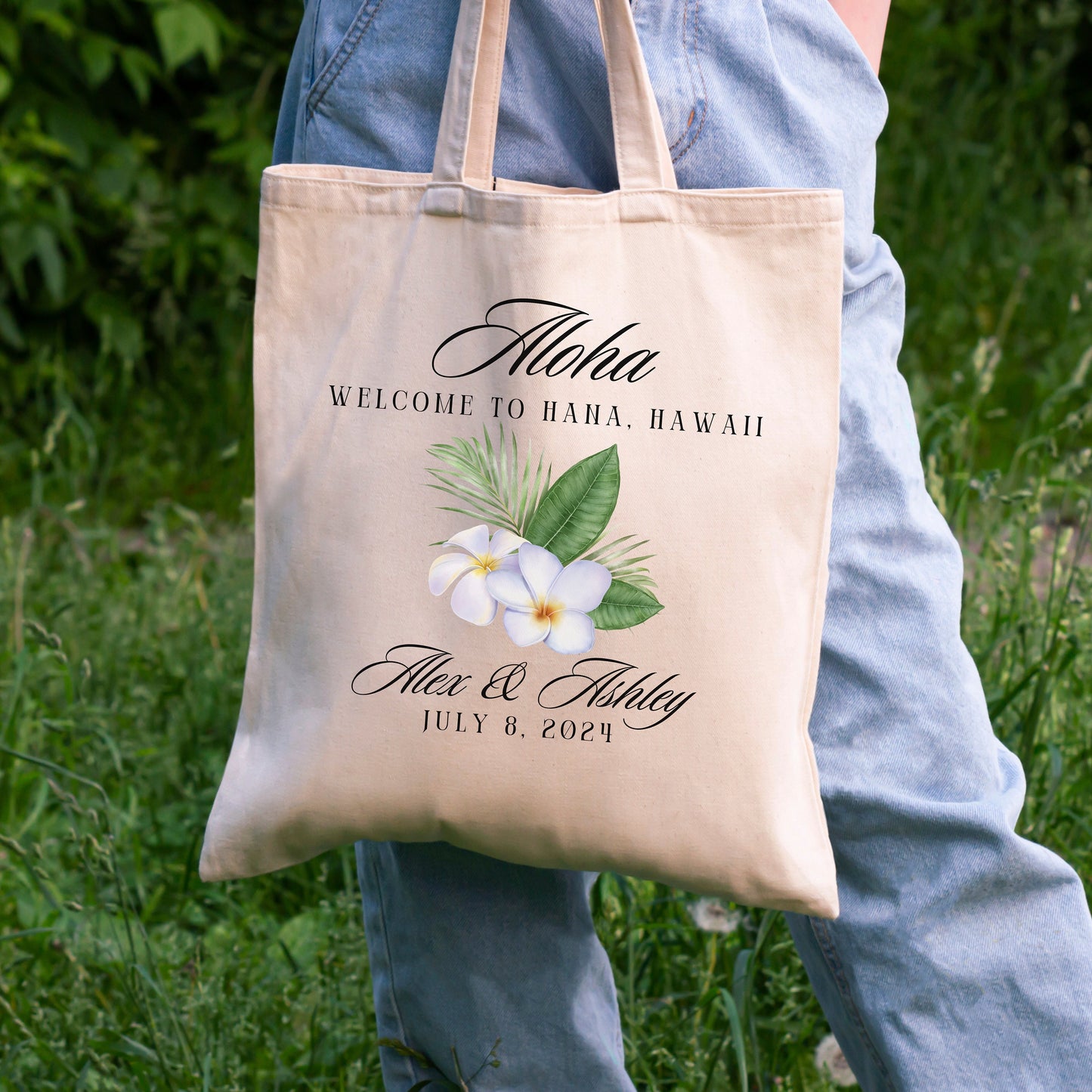 Custom Tropical Wedding Tote Bag, Destination Wedding Party Favor Bag, Welcome Gift From Bride and Groom, Personalized Canvas Hawaii Tote