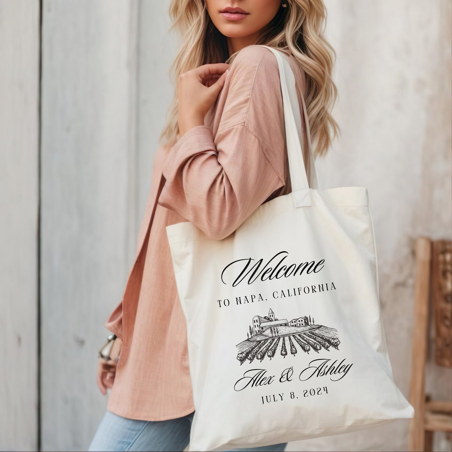 Custom Wedding Welcome Tote Bag, Destination Wedding gift for Guests, Personalized Wine Country Gift, Napa Canvas Bag