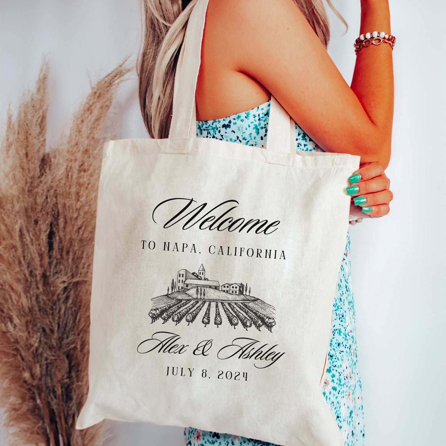 Custom Wedding Welcome Tote Bag, Destination Wedding gift for Guests, Personalized Wine Country Gift, Napa Canvas Bag
