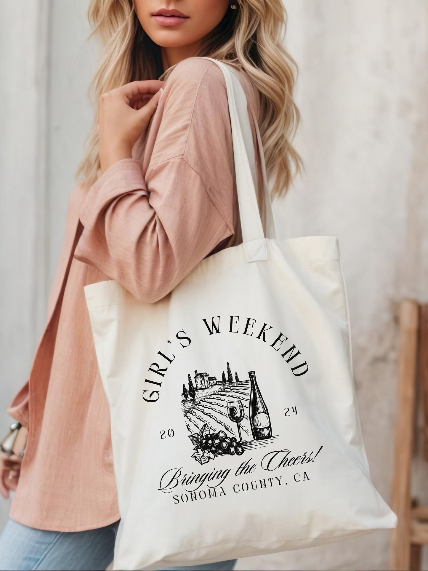Custom Girls Weekend Tote Bag, Party Gifts for Wine Tasting Weekend - Personalized Trendy Canvas Tote Bag, Wine Country Bag