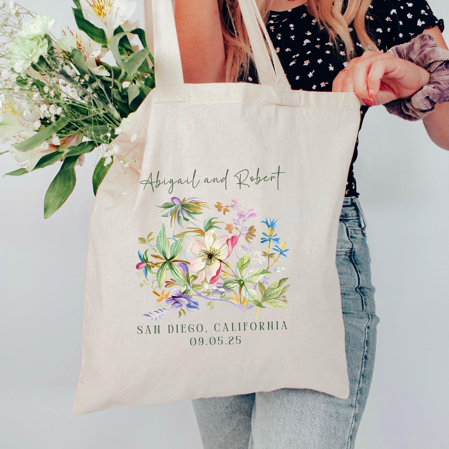 Custom Wedding Tote - Personalized Bridal Party Gift - Destination Wedding Welcome Bag - Elegant Floral Keepsake