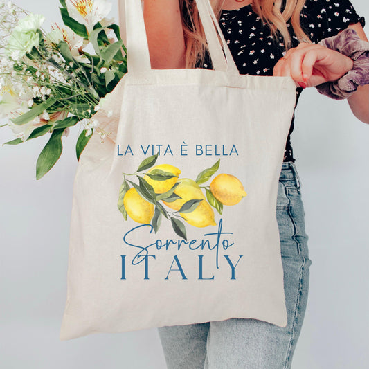 Mediterranean Lemon Print Tote: Italian Coastal Souvenir Beach Bag for Amalfi, Capri, Sorrento Travel