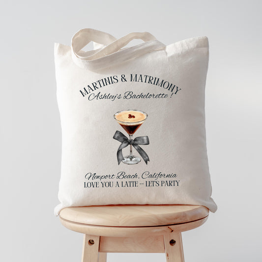 Espresso Martini Bachelorette Tote, Bride Gift Bag, Custom Bridal Party Favor, Espresso Theme Tote with Bow, Trendy Wedding Weekend Bag
