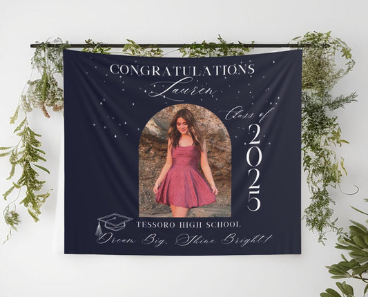Custom Graduation Photo Banner, Personalized Quote, High School or College Grad Sign, Class of 2025 Party Decor, Elegant Grad Banner