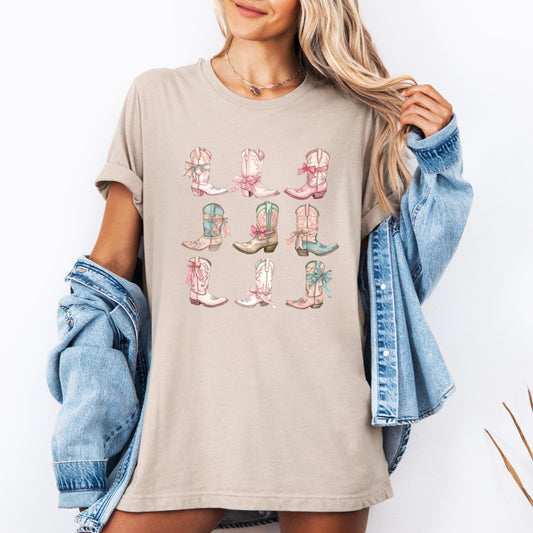 Rustic Cowgirl Graphic Tee: Western Boots & Bow Design for Country Music Lovers and Rodeo Enthusiasts