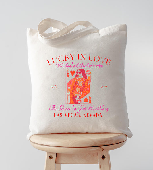 Lucky in Love Bachelorette Tote Bag, Custom Queen of Hearts Design, Bridal Party Favor, Girls Trip Gift, Vegas Bride Tote