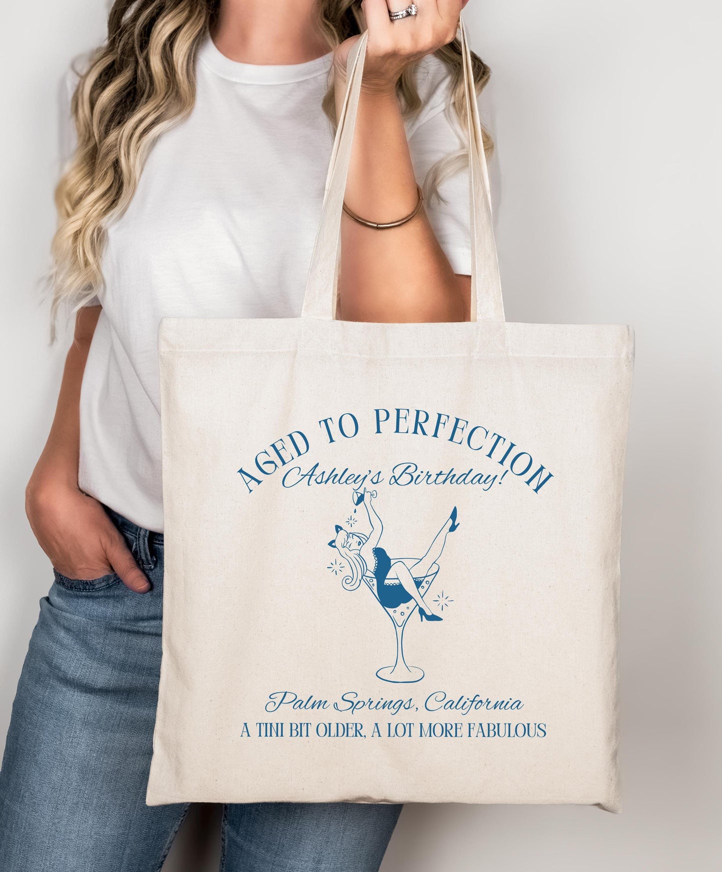 Birthday Tote Bag, Aged to Perfection, A Tini Bit Older Tote, Custom Gift Bag for Her, Funny Birthday Favor, Personalized Party Tote