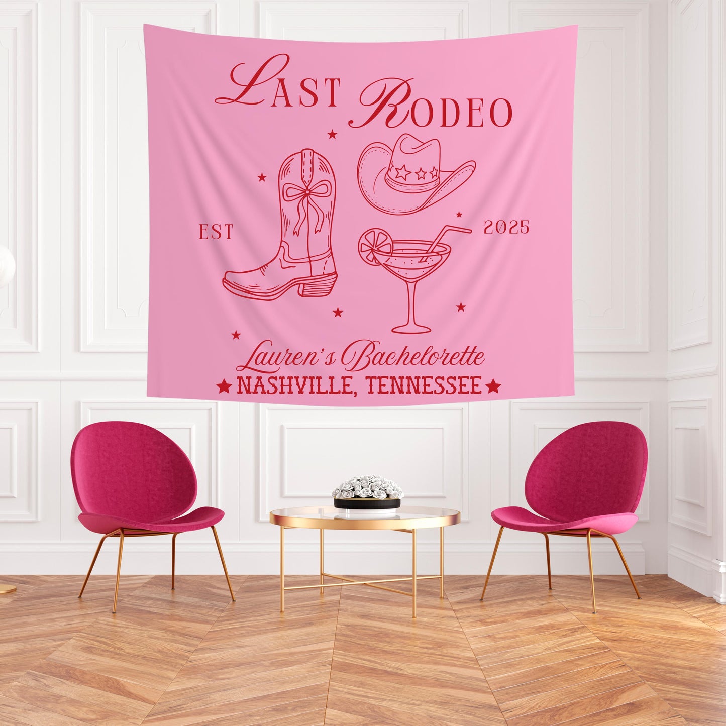 Bachelorette Party Banner, Last Rodeo Sign, Cowgirl Boots Martini Glass Decor, Custom Name Location Year, Bride Bash Tapestry