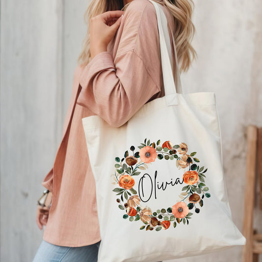Personalized Bridesmaid Tote Bag - Custom Name Gift Bag - Floral Wreath Cotton Tote - Wedding Party Favor - Bridal Shower Gift