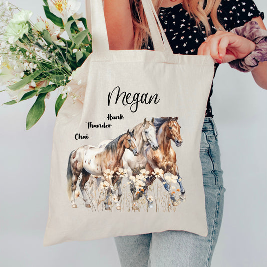 Custom Horse Tote, Horse Lover, Country Western Wildflower Bag, Horse Owner Gift, Birthday for Her, Add Custom Name and Choose Graphic