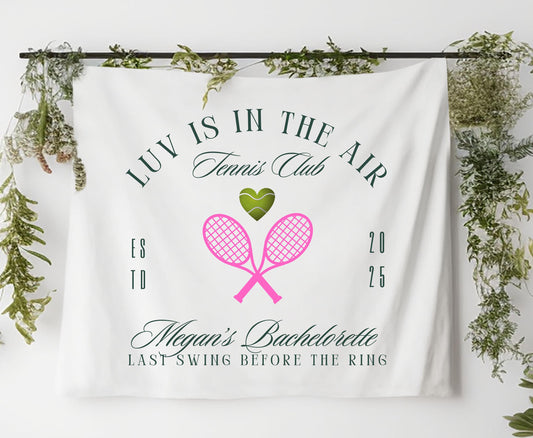 Custom Tennis Bachelorette Banner - Luv Is in the Air, Last Swing Before the Ring, Personalized Name Sign, Tennis Engagement Party Decor