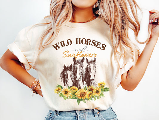 Country Western Floral Horse Shirt, Sunflowers, Wild Horse Graphic Tee, Horse Lover Shirt, Gift for Horse Owner, Country Music Shirt