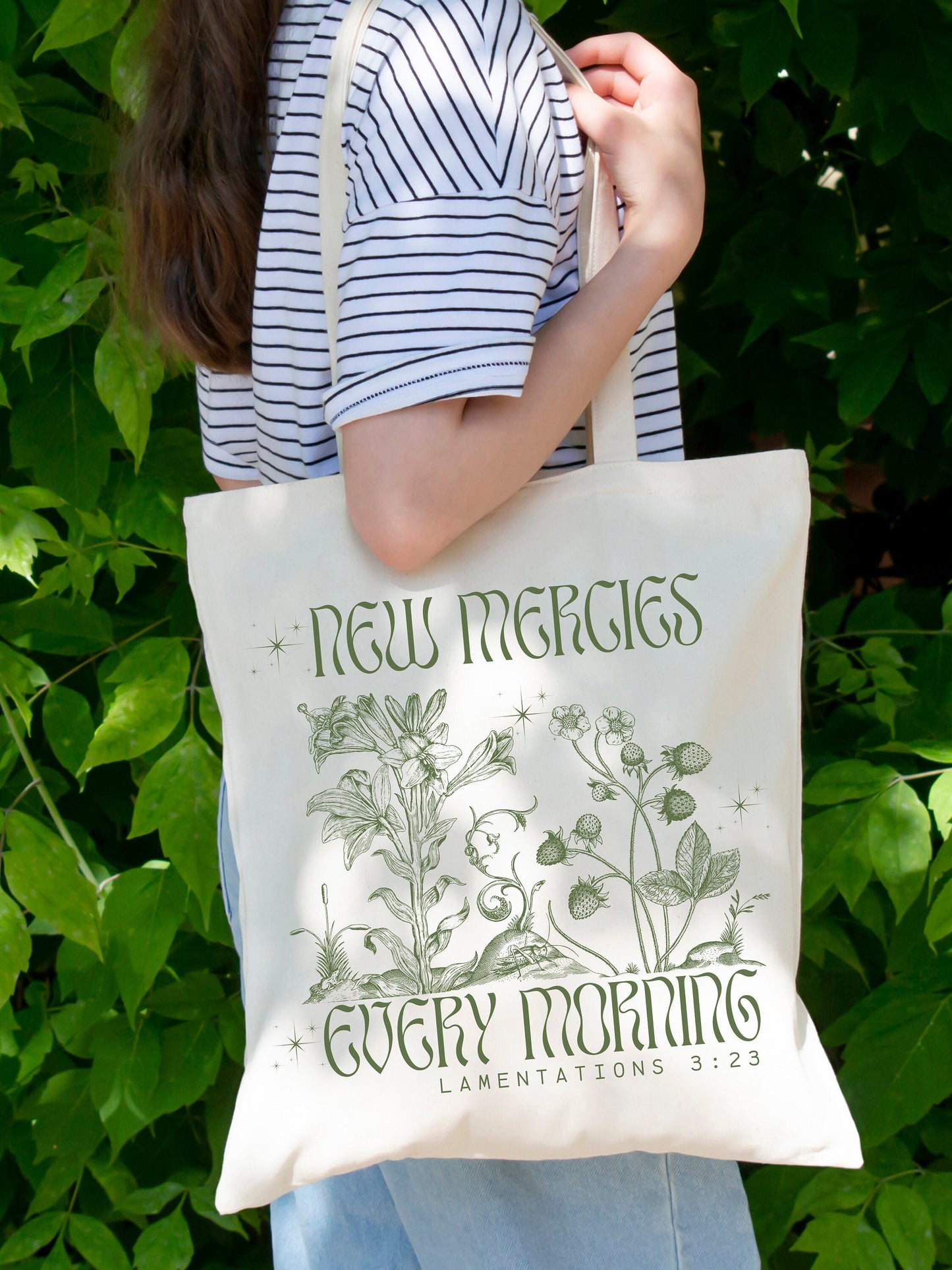Christian Tote Bag with Bible Script - Unique Book Bag, Canvas Shopping Tote, Birthday Gift for Her, New Mercies Every Morning