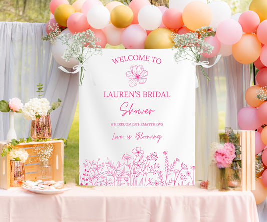 Floral Bridal Shower Banner, Custom Elegant Black and White Sign, Love is Blooming Decor, Personalized Bridal Party Welcome Backdrop