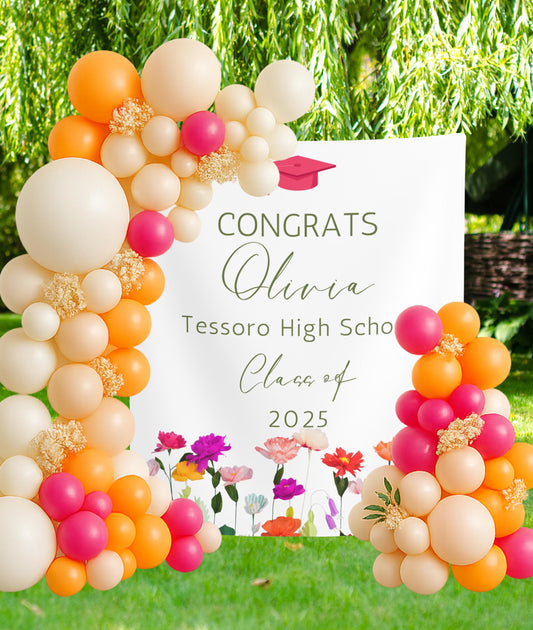 Personalized Graduation Banner with Wildflowers, Custom Class of 2025 Sign, Boho Floral Senior Party Decor, Congrats Grad Backdrop