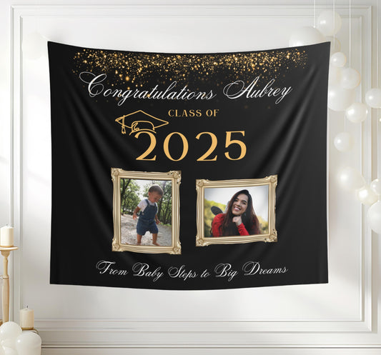 Custom Graduation Photo Banner, High School or College Grad 2025, Senior Party Backdrop, Then & Now Banner -From Baby Steps to Big Dreams