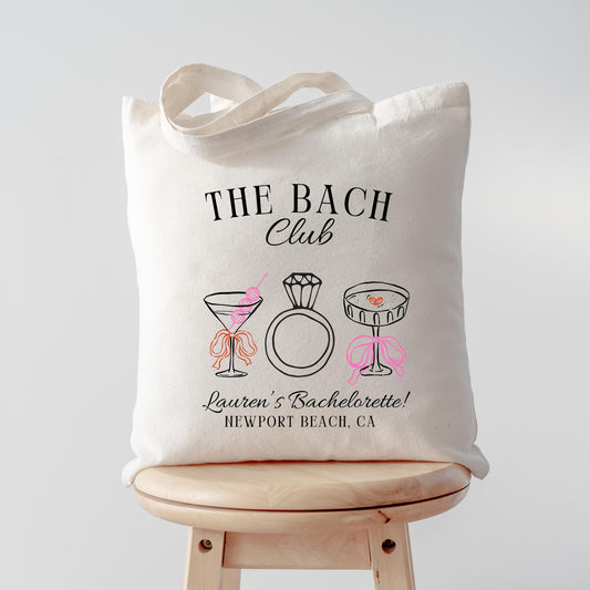 Bach Club Bachelorette Tote, Custom Cocktail Bride Bag, Wedding Ring Graphic Tote, Girls Trip Favor, Bridal Party Weekend Gift