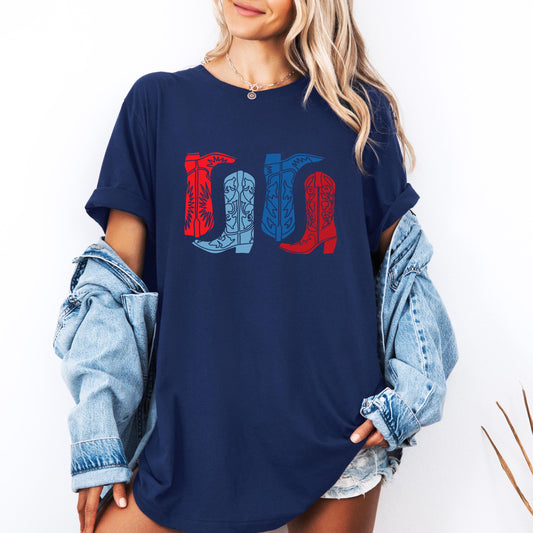 Patriotic Cowboy Boots Shirt, USA Western Graphic Tee, Country Concert T-Shirt, Vintage Rodeo Outfit, 4th of July Cowgirl Shirt