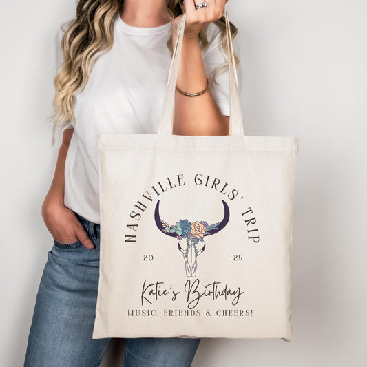 Custom Nashville Trip Tote - Personalized Bachelorette Bag - Bull Skull Girls Trip Gift - Birthday Party Favor