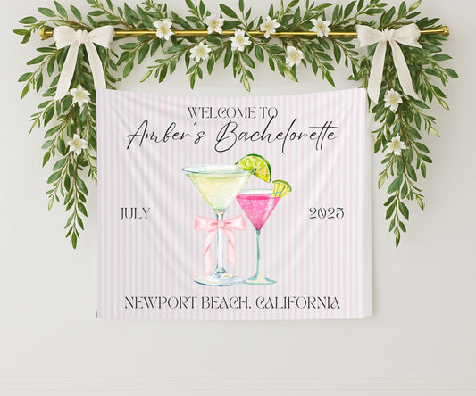 Welcome to Bach Banner, Pink Striped Bachelorette Party Sign, Custom Martini Girls Trip Decor, Elegant Bridal Shower Backdrop