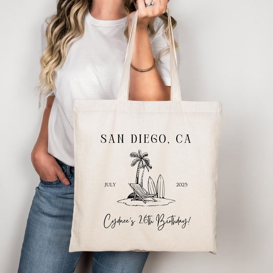 Custom Girls Trip Birthday Tote Bag, Girls Beach Weekend Bag, Vacation Birthday Favor Party Gift, Personalized Tote for Her