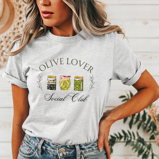 Olive Lover Gift Funny Shirt Canning Season Crewneck T-Shirt for Her Olive Lover Trendy Social Club with Canned Olives