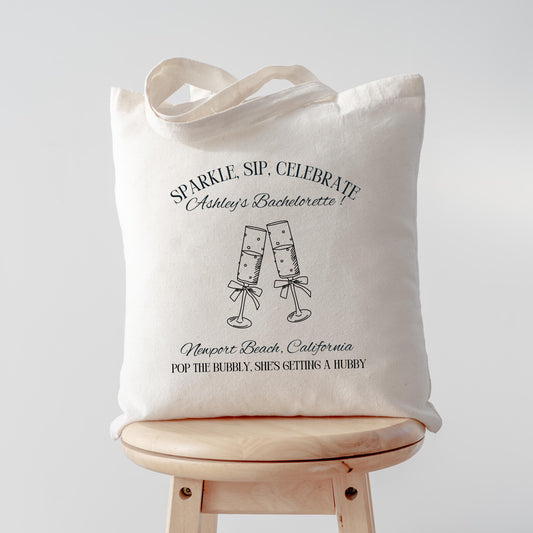 Pop the Bubbly Bride Tote, Champagne Bachelorette Bag, Custom Bridal Party Gift, Wedding Weekend Favor, Personalized Tote Bag