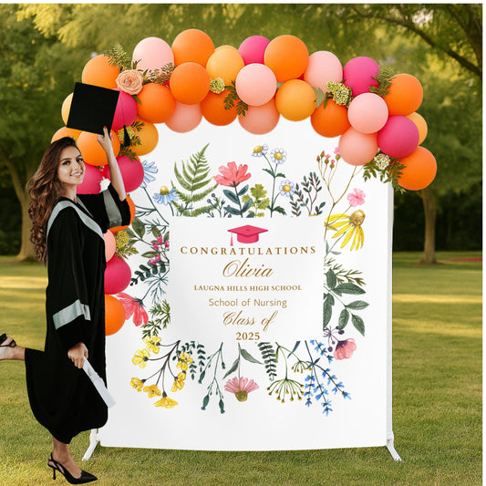 Custom Graduation Banner with Flowers, Personalized Grad Party Backdrop, Class of 2025 School Name Banner, Photo Booth Sign