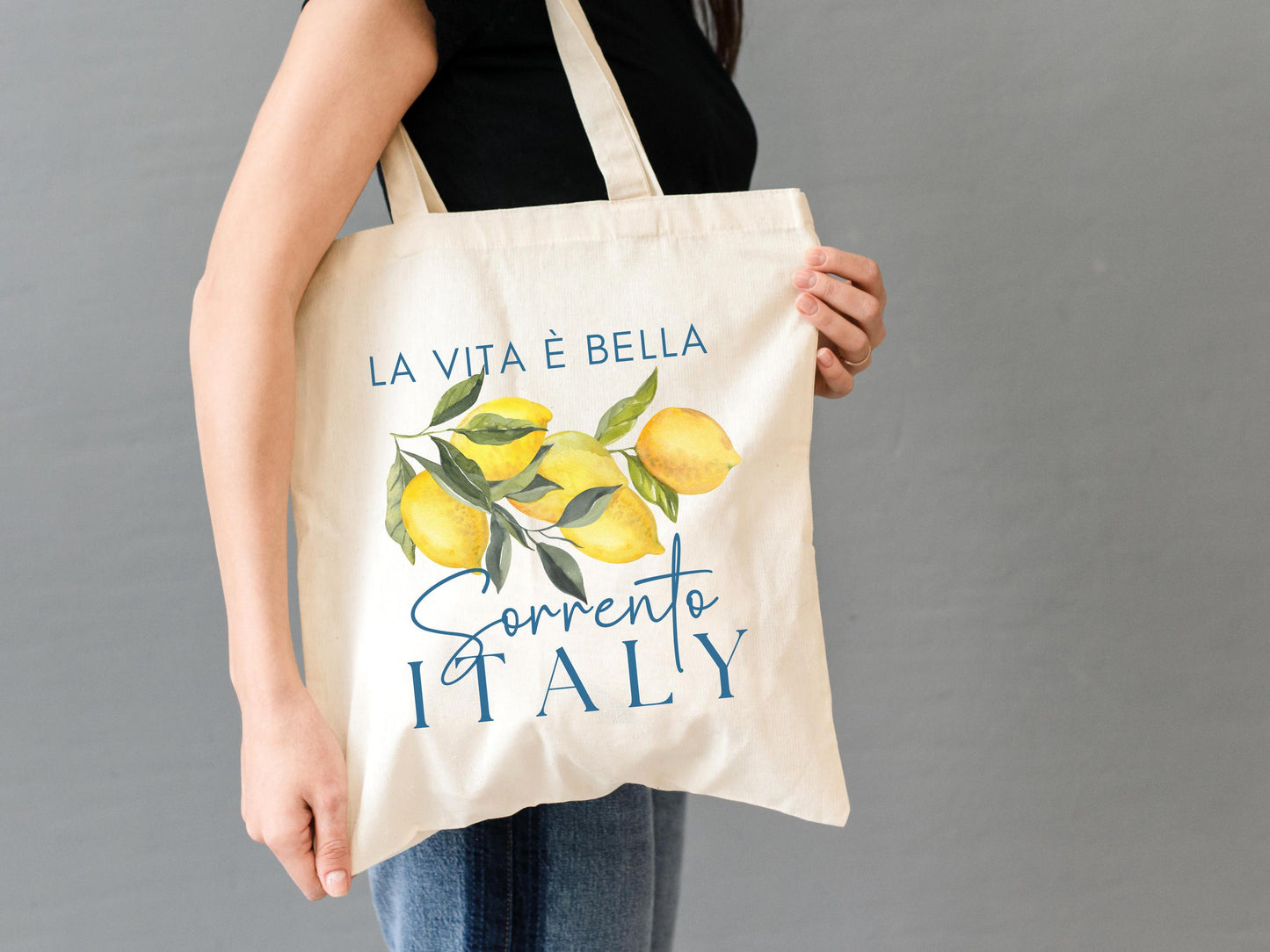 Mediterranean Lemon Print Tote: Italian Coastal Souvenir Beach Bag for Amalfi, Capri, Sorrento Travel