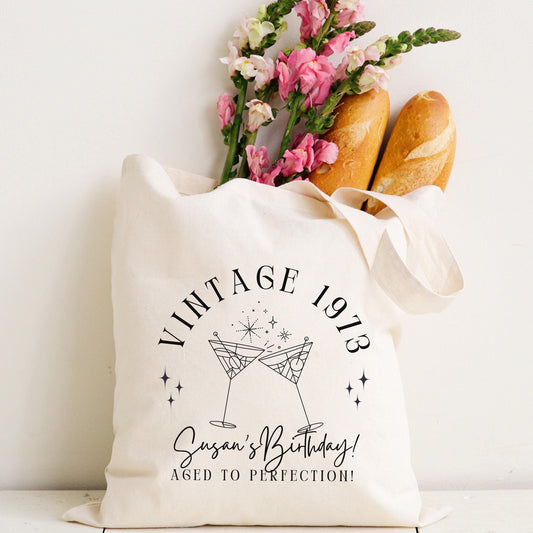 Birthday Favor Tote Bag, Custom Year Vintage Gift, Milestone Party Tote, Personalized 40th 50th 60th Gift Bag, Retro Birthday Tote